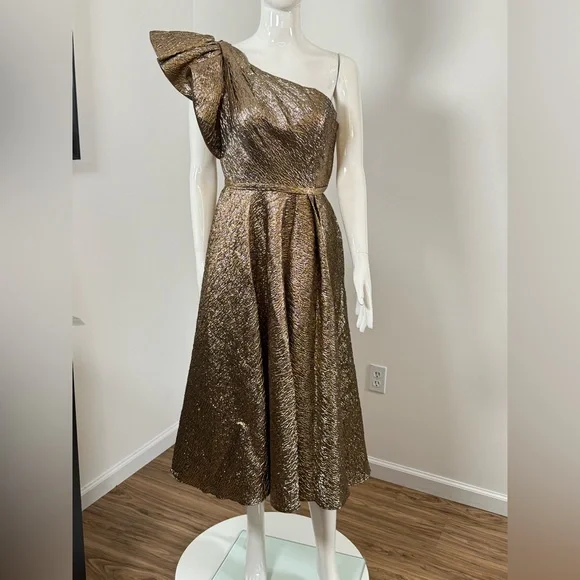 Mac Duggal 67906 Gold One Shoulder Bow Midi Dress With Pockets size 2